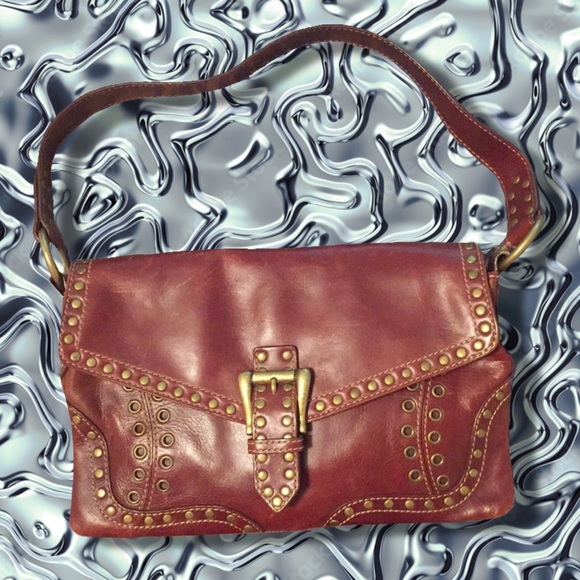 COYOTE UGLY COWGIRL GRUNGE BROWN TOOLED GOLD STUDDED RIVETS LEATHER SHOULDER BAG - Picture 3 of 4